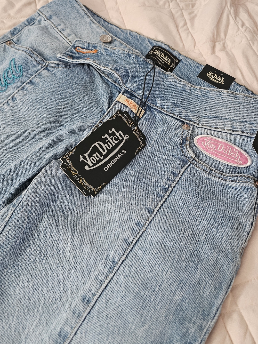 Von Dutch Light Blue High-Rise Denim Jeans with Pink Logo Patch